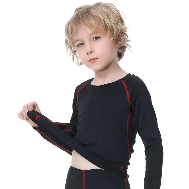 Children's Sports Compression T-shirt Long Sleeved Velvet Top Fitness Quick-Drying Training Football Kid Fleece Base Layer Shirt