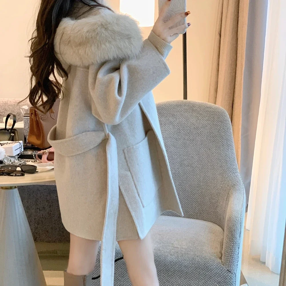 

New Oversize Ladies Outerwear 2024 Imitation fox hair Coat Winter Jacket Women Fox Fur Collar Cuffs Hood Cashmere Wool Woolen