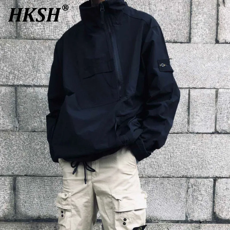 

HKSH Spring Autumn New Men's Dark Punk Zipper Jumpsuit Windbreaker Jackets Half Height Collar Techwear Thin Casual Coats HK0984