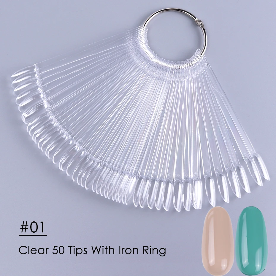 50pcs Oval Fan Style Nail Display Tips - Clear & Natural Color Chart for UV Gel Polish Swatches and Manicure Practice