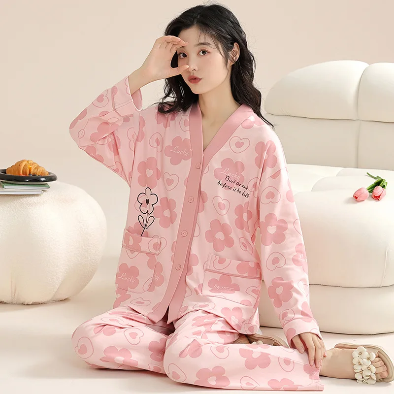 Spring Autumn Women's Thin Pure Cotton Pajamas V-neck Long Sleeve Cardigan Breathable Home Clothing Set Cartoon Cute Sleepwear