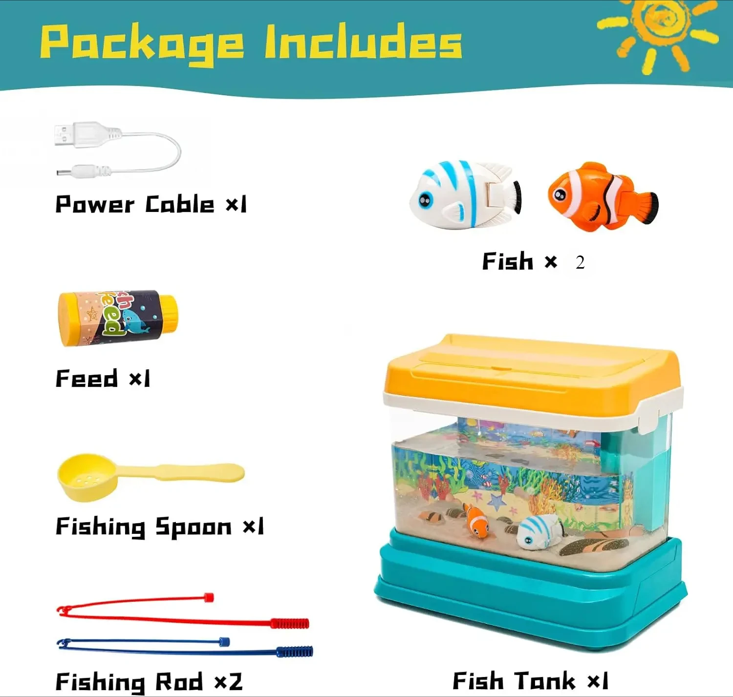 Mini Aquarium for Kids Fishing Toys Artificial Fish Tank with Moving Fish*2 with USB Light and Music Fishing Rod Spoon fishing toys