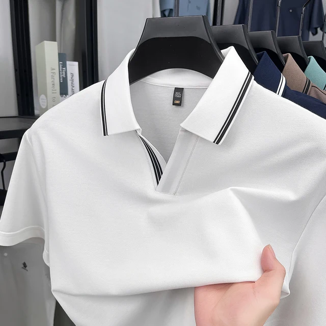 Polo para hombre con cuello en V – Camiseta de mezcla de algodón de manga corta de verano, top informal de negocios ajustado para uso diario