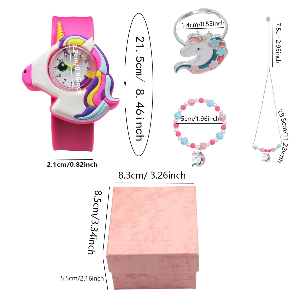 1pc/2pcs/1set-Cartoon Unicorn Girl Quartz Watch and Beaded Bracelet Necklace Ring Set, Ideal Gift Choice
