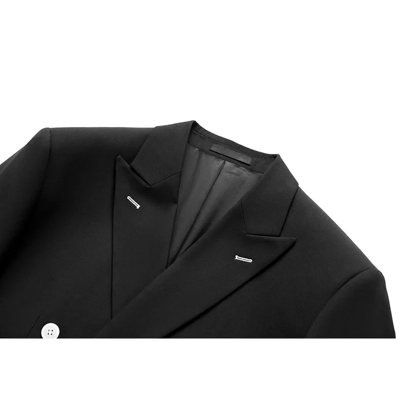 Shenrun Men Suits Fashion Slim Fit Black Suit Jacket Peak Lapel Double Breasted Wedding Groom Party Prom Costume White Buttons