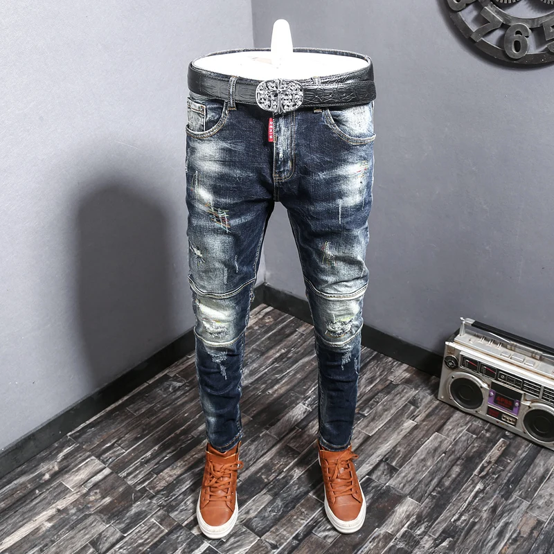 men stretchy ripped skinny biker embroidery print jeans destroyed hole taped slim fit denim scratched hip hop jeans Fashion Streetwear Ripped Jeans Men Retro Blue Elastic Slim Fit Biker Jeans Homme Embroidery Designer Hip Hop Denim Pants Hombre