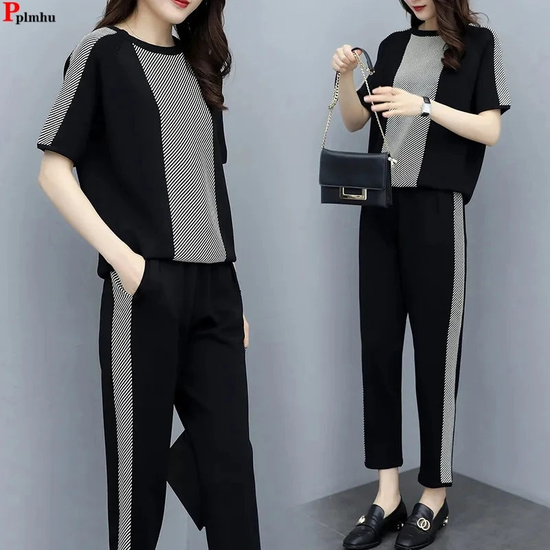 Korean Summer Two Pieces Sets Patchwork Striped Casual Tops Tracksuit High Waist Harem Ankle Length Pants Suits New Baggy Outfit winter thicken velvet 2 pieces sets hooded sweatshirt tops tracksuit high waist harem ankle length pant suits plush lined outfit