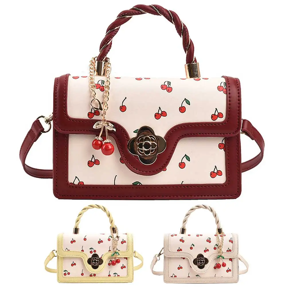 Women Cherry Shoulder Bag Adjustable Strap Cherry Square Chain Bag Versatile Cherry Pattern Sling Bag Female Daily Commute Bag