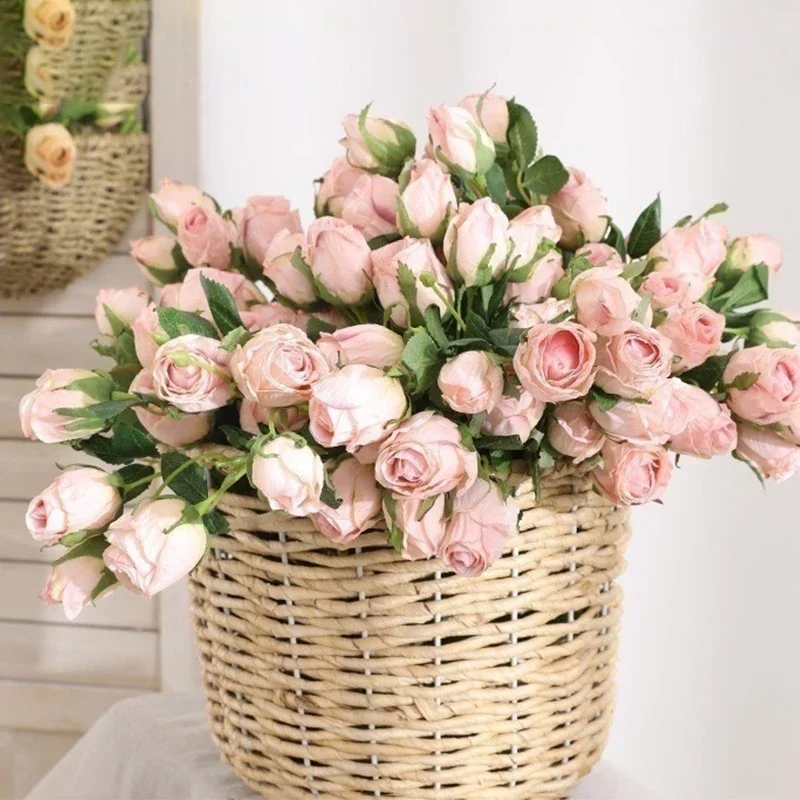 

7-Heads/Branch Artificial Rose Highly Simulated Dried Looking Mini Rose Branch Retro Autumn Fall Silk Flower Home Wedding Decor