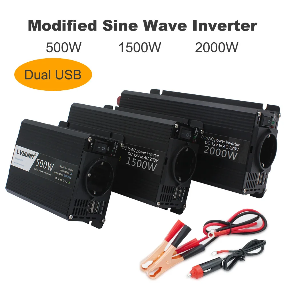 Inverter Per Auto A Onda Sinusoidale Modificata 220V Potenza 500W/1500W/2000W 2 Presa Usb Eu 12 Volt Trasformatore Automatico Inverter Convertitore So