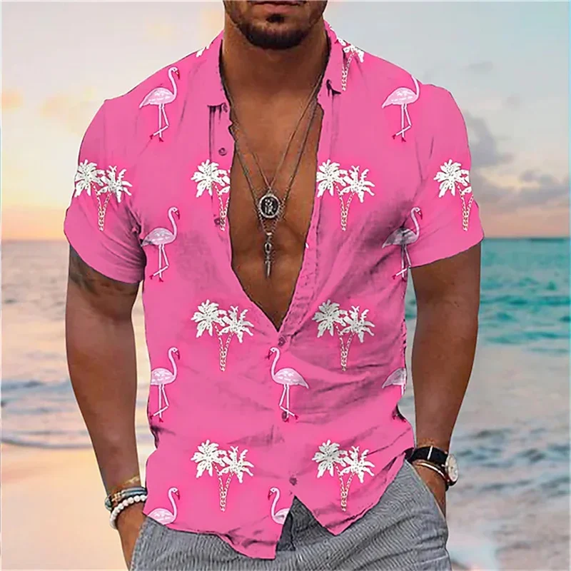 2024 men's shirt Hawaiian shirt flamingo coconut tree graphics 3D printing street casual short-sleeved shirt high quality