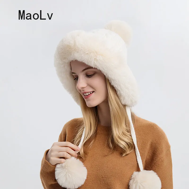 Winter Fluffy Fur Kintted Cap for Women Russian Lady Soft Warm Ear Protection Hats Female Outdoor Plush Coldproof Ball Beanies 5