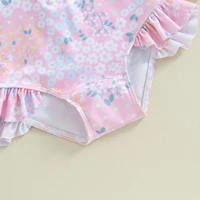 Cute Ruffle Floral Baby Girls Swimsuits Kids Beachwear Summer Long Sleeves Zipper Jumpsuit Beachwear for Toddler Bathing Suits 6