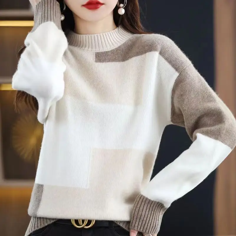 Ladies Sweaters Women Crew Neck Long Sleeve Pullover Top Contrast