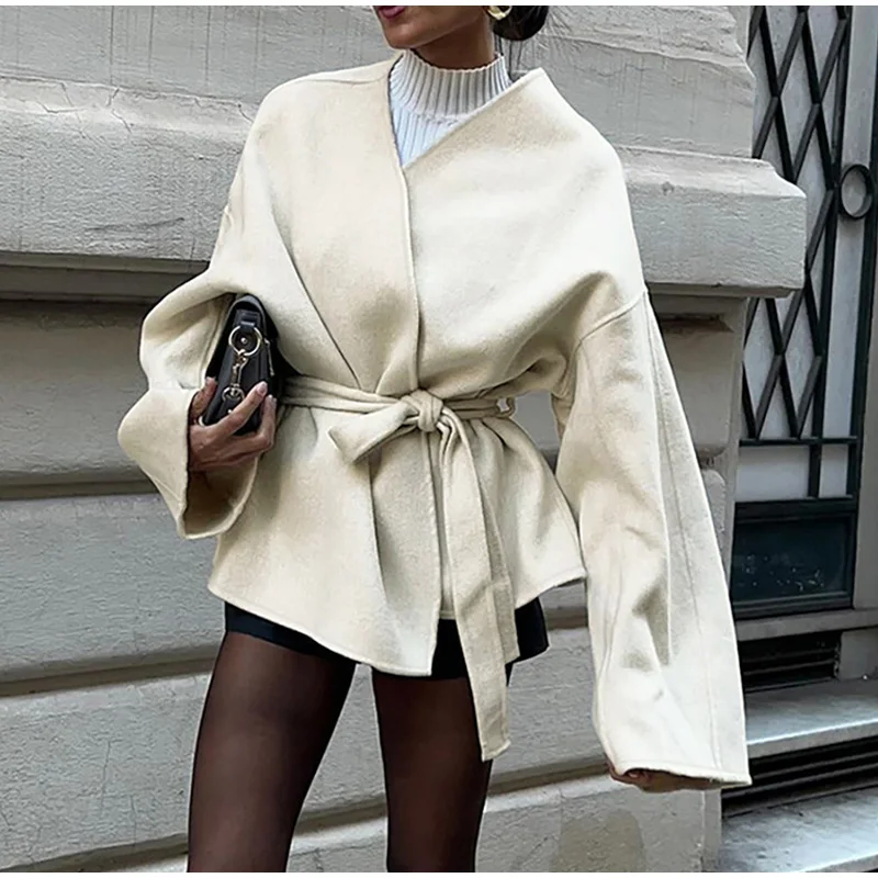 Elegant Woolen Long Sleeve Coat With Belt Women Loose Casual V-neck Solid Short Overcoat Autumn Vintage Lady Thick Warm Outwear