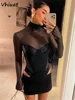 Vhiuat Sexy Cut Out Mesh Patchwork Turtleneck Long Sleeve Wrap Short Dress 2024 Party Evening Elegant Party Birthday Mini Dress 4