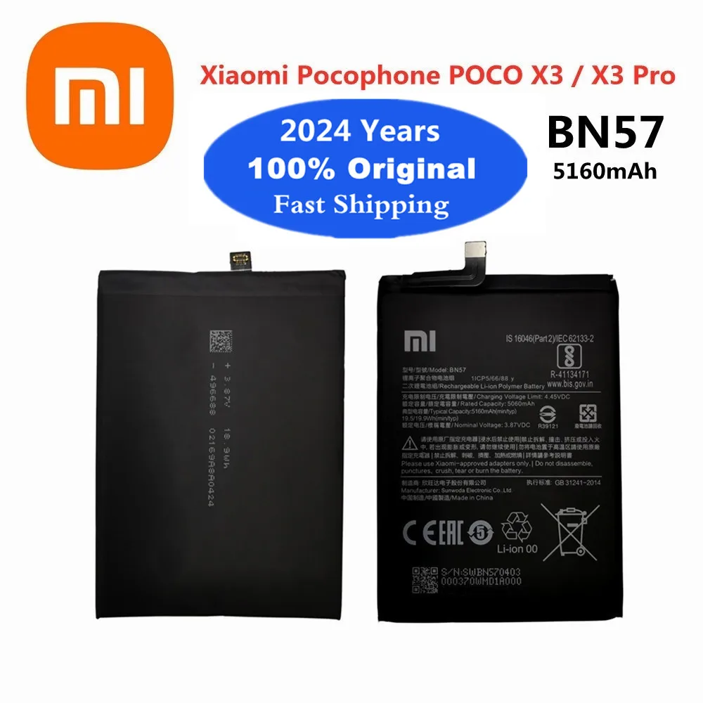 

2024 Years High Quality Original Battery BN57 For Xiaomi Pocophone Poco X3 / X3 Pro NFC 5160mAh Replacement Batteries Bateria