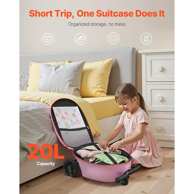 20L 20 Inch Purple Kids Ride-on Luggage Scooter Suitcase Flash PU Wheels Adjustable Handle TPR Grip Foldable for 5+ Kids Travel