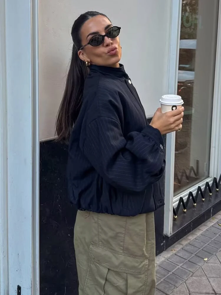 Women Pinstripe Bomber Jacket 2026 Spring Long Sleeve Stand Collar Women's Coat Zipper Loose Female Casual New Outerwear