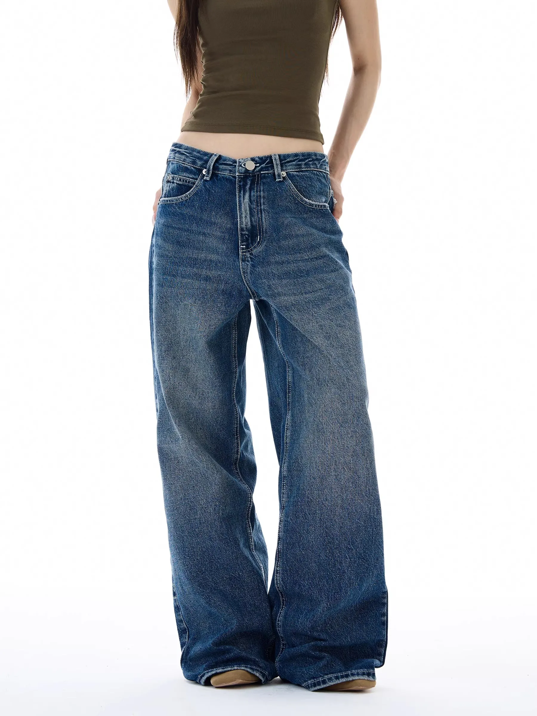 Women's Loose Straight Leg High Street American Style Jeans Wide Leg Trousers with Patch Design Couple Trendy Brand