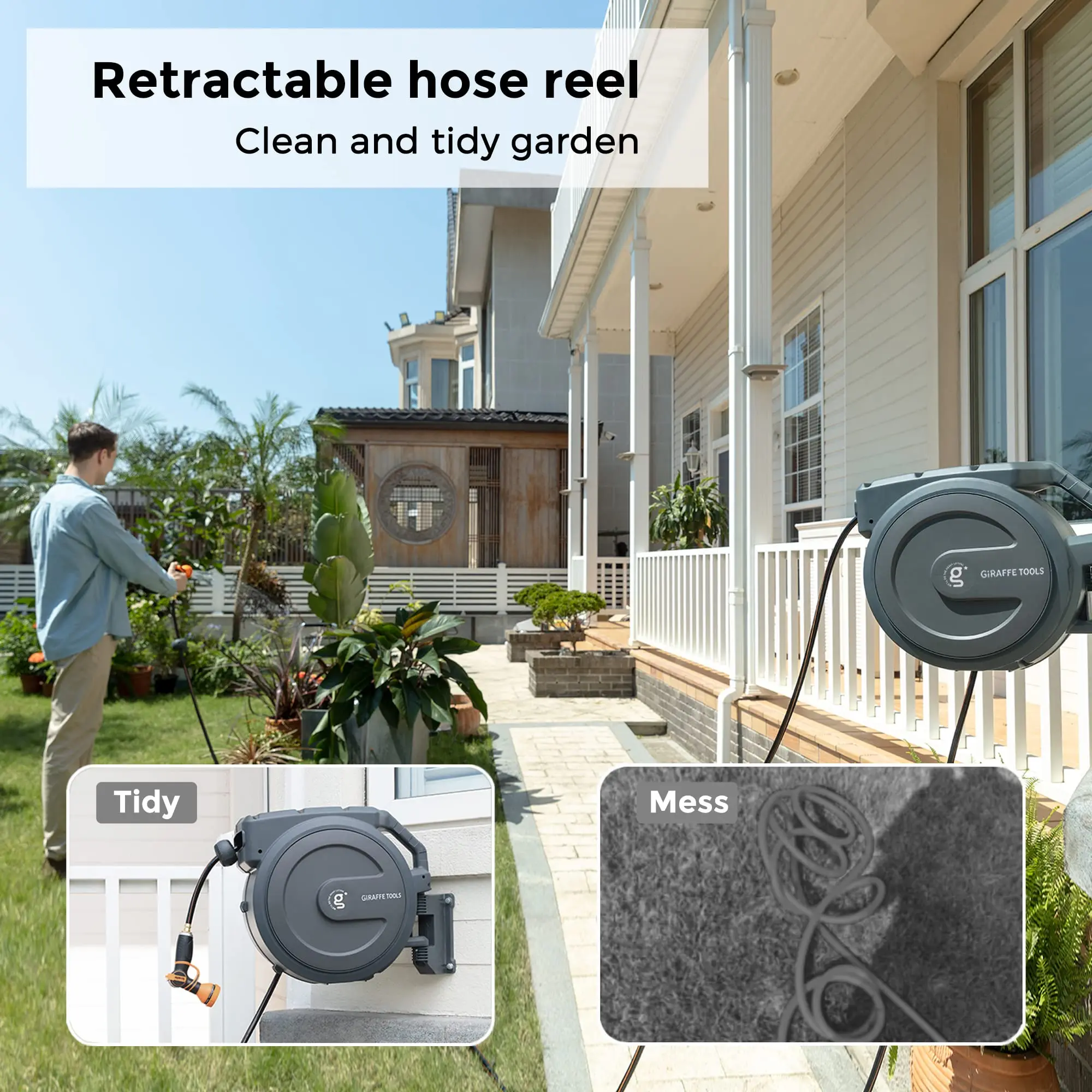 Giraffe Tools AW40 Retractable Hose Reel 5/8" x 90 ft Wall Mounted Garden Hose Reel Heavy Duty, Automatic Rewind 6