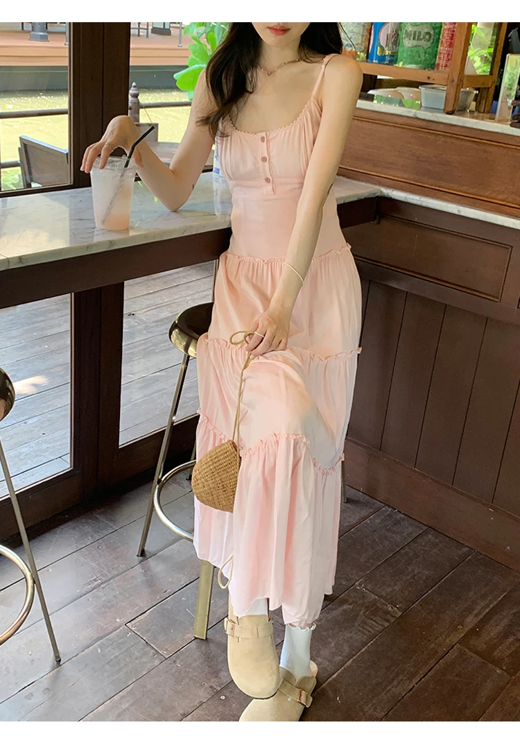 French Elegant Dresses for Women Solid Spaghetti Strap Summer New Ruffles A-line Casual Korean Chic Midi Vestidos Mujer