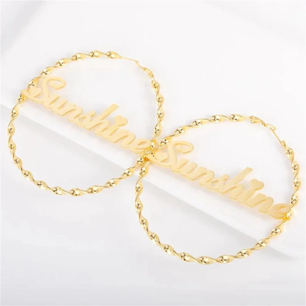 

Customized Name Earrings Circle Twist Metal Round Earrings Personality Earrings With Statement Words Hiphop Jewelry For Women
