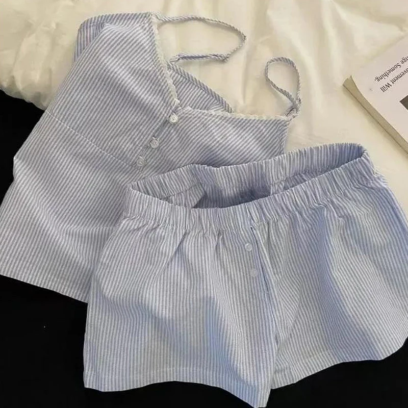 Suspender Shorts With Chest Pad Pajamas Set Women Summer Sweet Striped Home Clothes Suit