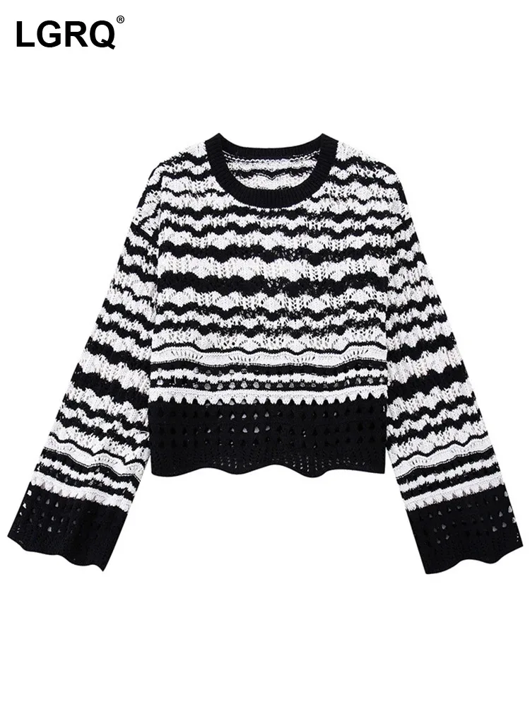 

LGRQ Knitted 2023 Fashion Color Contrast Stripe Round Neck Pullover Women's Elegant Casual Trendy Female Sweater Autumn 19Z2319