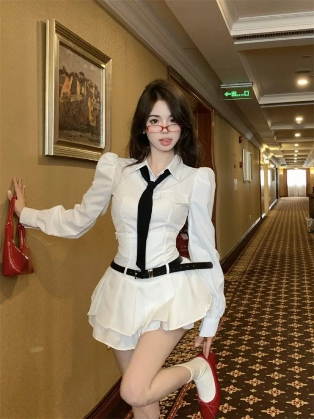 

Set female 2024 Korean collision short polo collar shirt spring Slim niche shirt college style