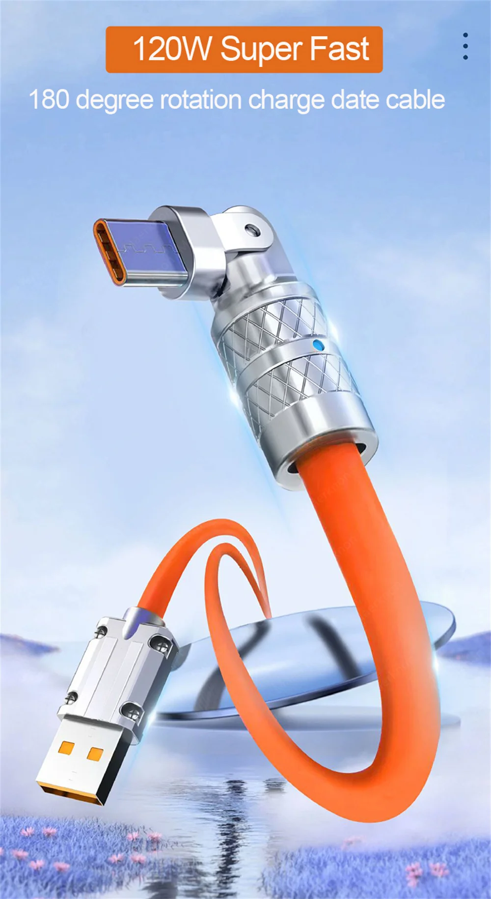 120W 7A USB Type C Cable 180 Degree Rotation Elbow Fast Charging Cable For iPhon