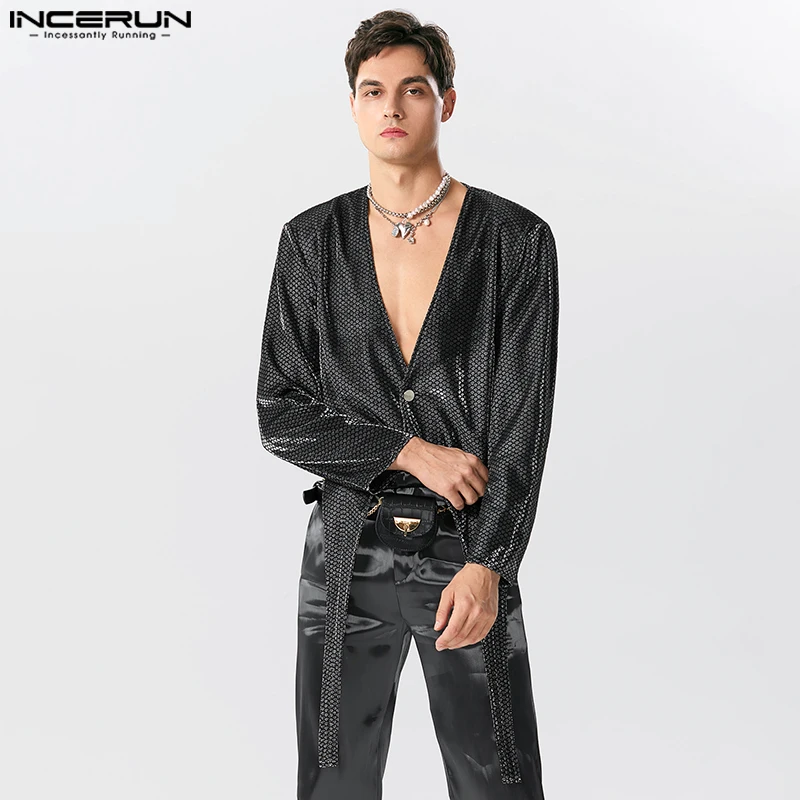 

INCERUN Men Irregular Blazer Sparkling V Neck Long Sleeve Button Casual Vests Streetwear 2023 Autumn Fashion Thin Coats S-5XL