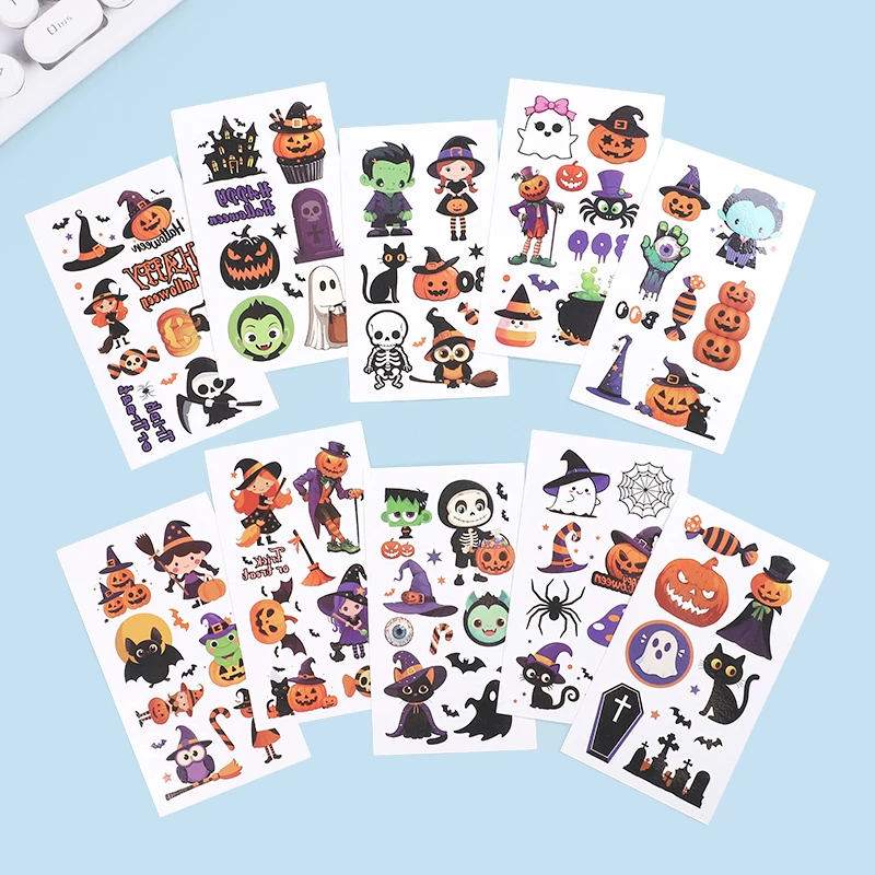 10pcs Halloween Tattoo Stickers Cartoon Pumpkin Ghost Bat Spider Temporary Sticker Kids Birthday Party Favors Boy Girl Gifts