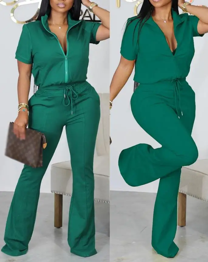 

Women's Summer Hot Selling Solid Color Casual Fashion Lapel Short Sleeved Zippered Top and Drawstring Pocket Loose Pants Set