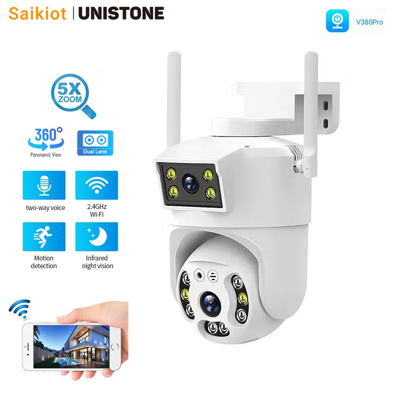 Saikiot V380 4Mp 8Mp Dual Lens Ptz Camera 5X Zoom Cctv Security Network Ip Camera Outdoor Waterproof Cctv Dual Lens Ptz Camera