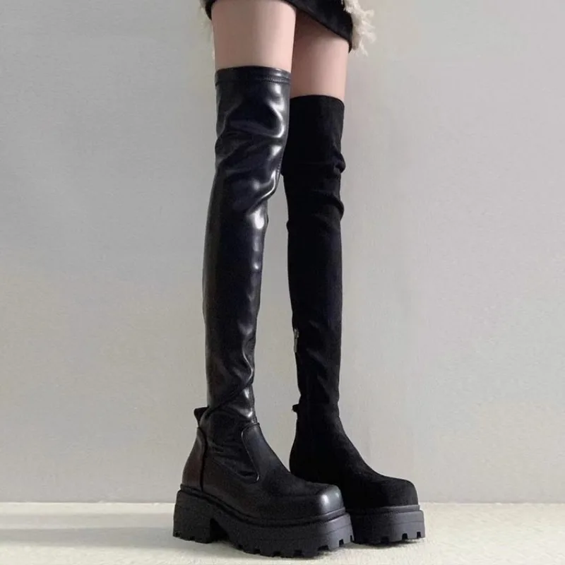 2024 Black Long Boots For Women Fashion Zippers Square High Heel Over the Knee High Boots Winter Shoes Ladies