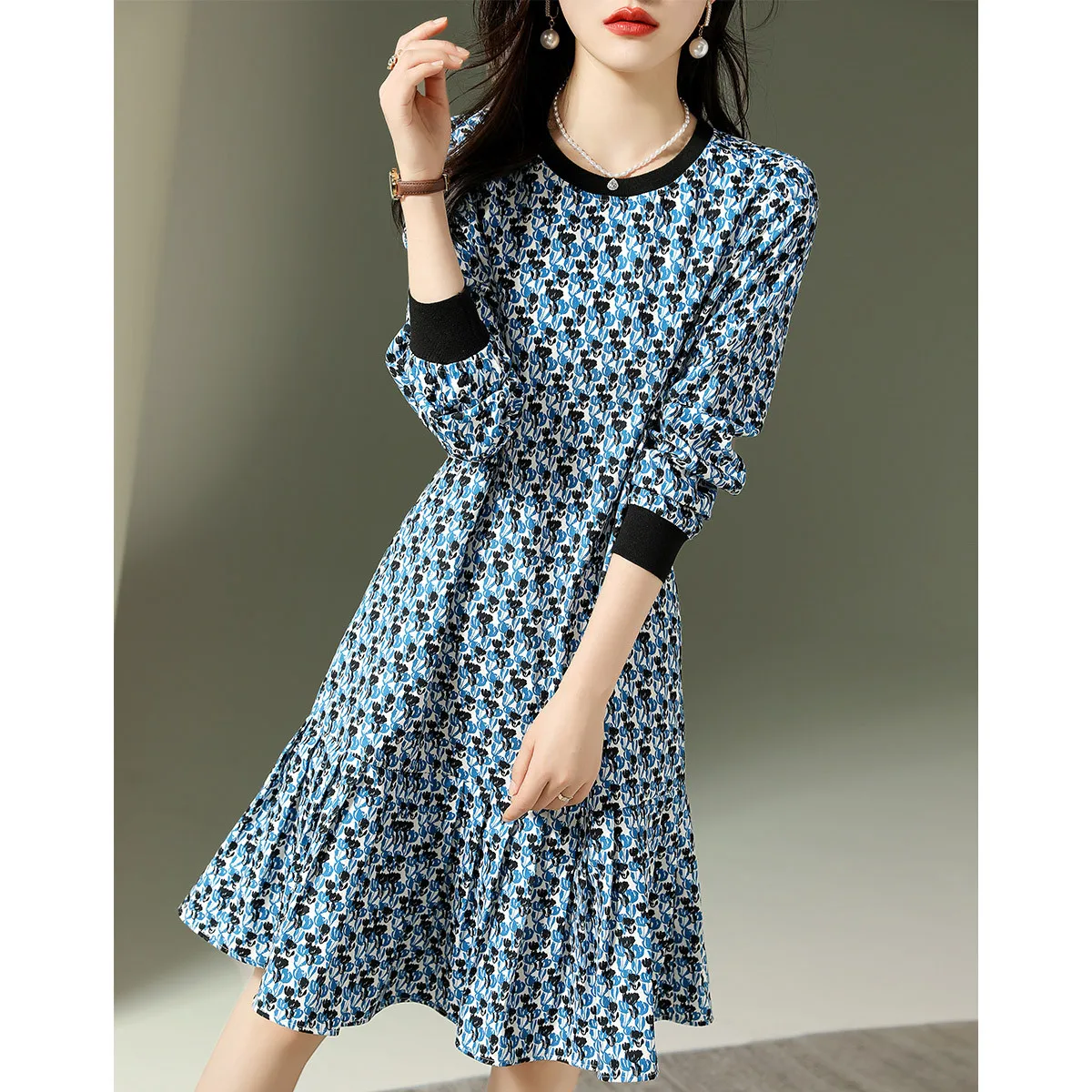 

Women'S Floral O-Neck Long Sleeve Dresses 2024 Spring New Clothes Casual Folds Hem Female KNe-Length Dress High Quality