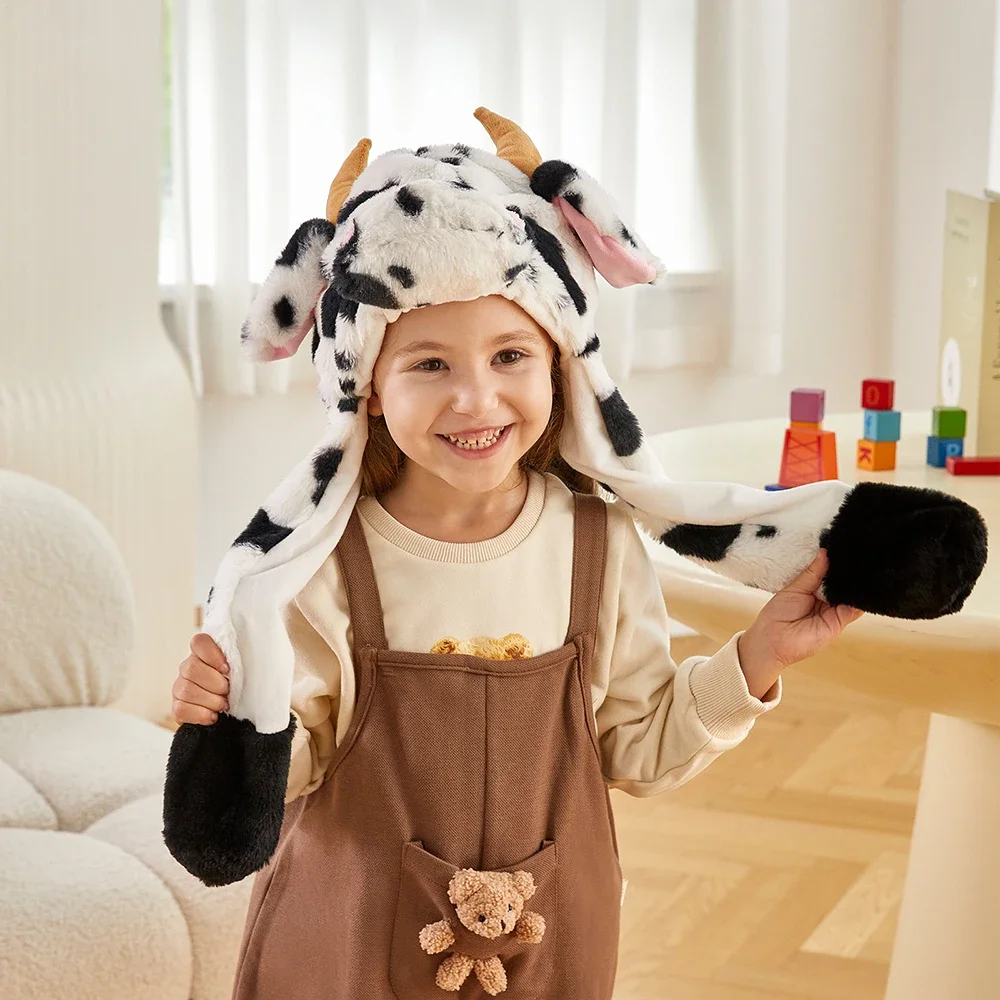 23cm Ear Moving Jumping Hats Stuffed Cow Funy Interactive Hat for Kids Girl Boy Cosplay Christmas Party Hat Plush Animal велобандана buff tubular kids buff jumping б р one size 810005