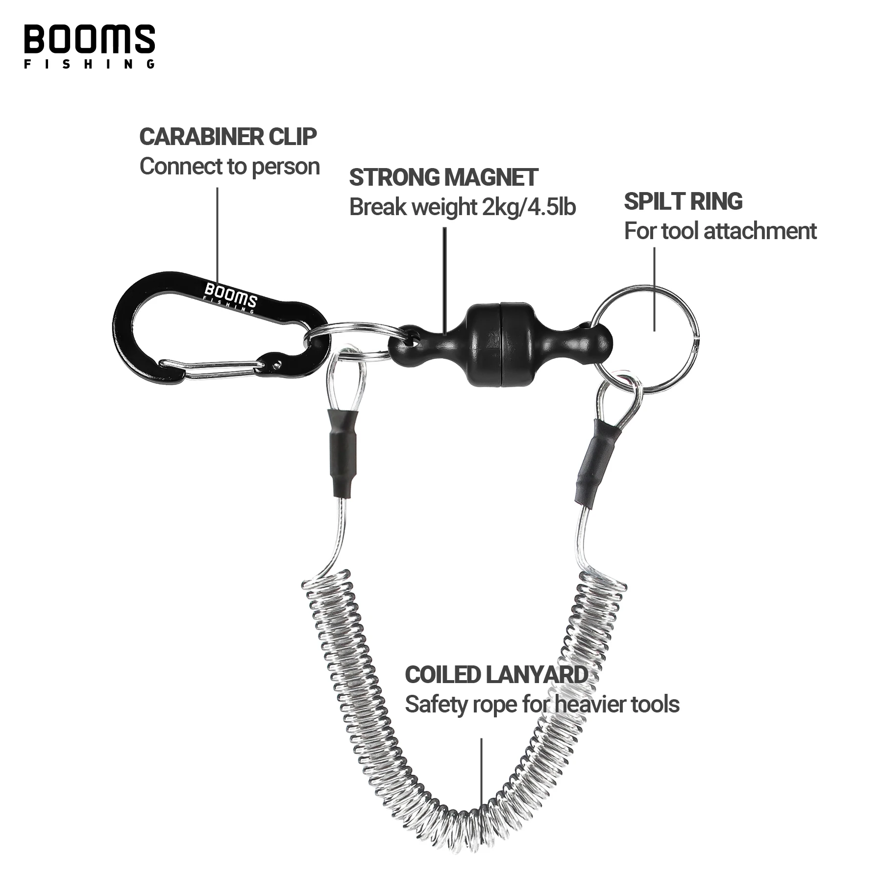 Booms Fishing Magnetic Net Release Holder With Coiled Lanyard Fly Fishing Tool Strong Magnet Carabine Anti-Drop Rope Accessories