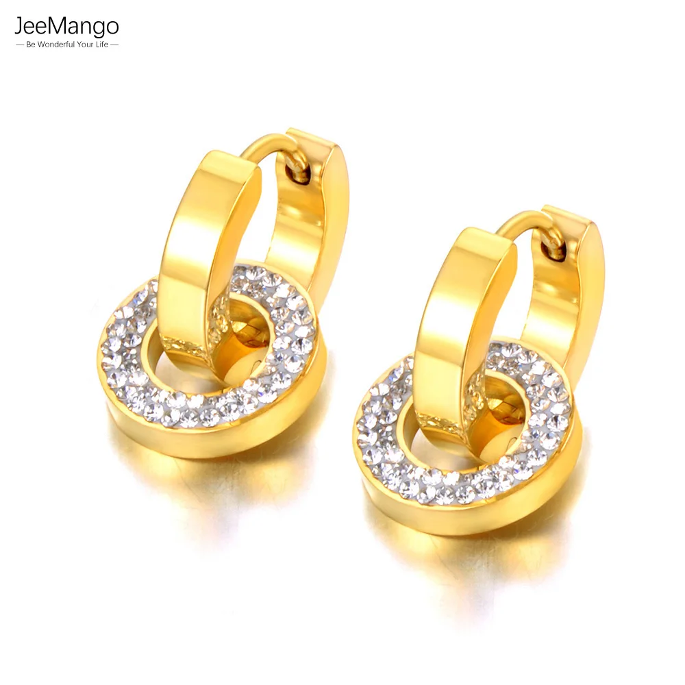 JeeMango Edelstahl-Ohrringe mit doppeltem Kreis für Damen, geometrischer Statement-Strass-Schmuck, серьги женские E23035