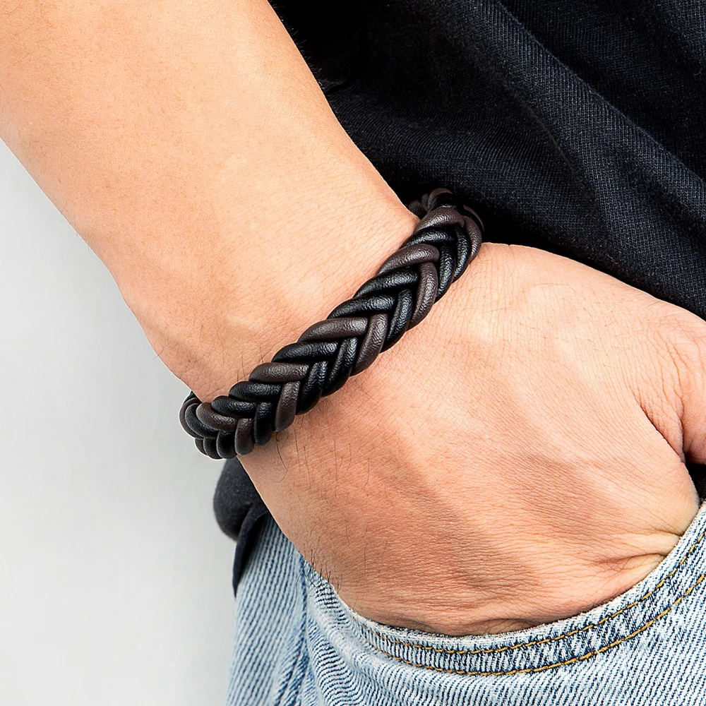 Leather Bracelet XQNI Classic Braided Leather Bracelet Men Jewelry Charms Design Stainless Steel Punk For Men Husband Friend Gift