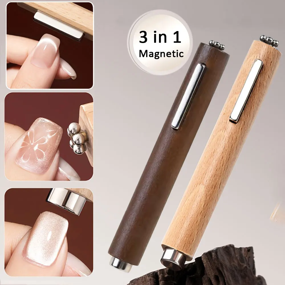 Natural Wood Handle 3 in 1 Super Strong Cat's Eye Magnetic Cylinder Nail Art Tools UV Gel Gel Polish Magnet Stick French & Wide magnetic nail art tools cat eye nail tool magnetic nail tools
