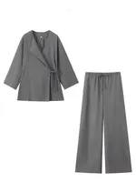 2024 Woman Trouser Set Solid V Neck Casual Kimono Style Lace Up Shirt Top + Elastic Waist Wild Women's Wide Leg Long Pant - Image 3