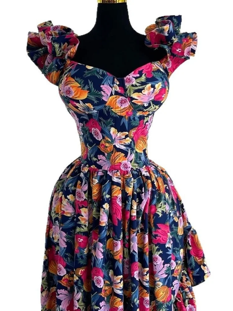 Wmstar Dresses for Women Wholesale 2025 Women's Fashion V Neck Printed High Waist Flowered Sleeve Irregular Dress Drop Shopping