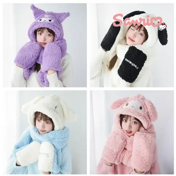 산리오 멜로디 성인 봉제 스카프 따뜻한 3 종 세트, 시나모롤 카와이 인스 어린이 장갑 스카프, 통합 모자, 크리스마스 선물
