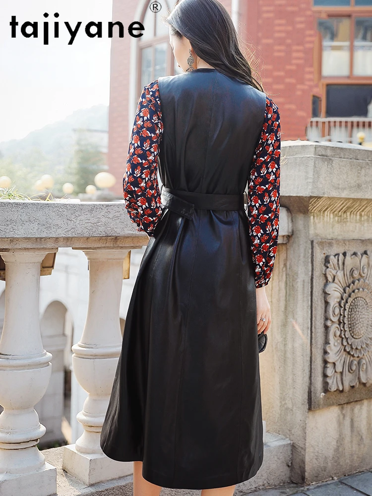 Tajiyane Natural Genuine Leather Vest Women Mid-length Top Layer Sheepskin Trench Coat Woman Leather Vests Autumn Clothes Belt 2