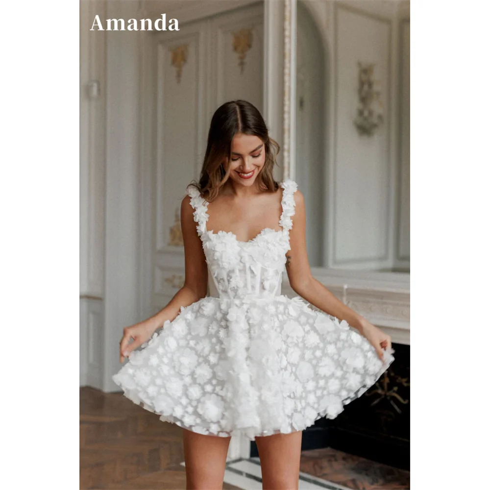 Amanda White Mini Prom Dresses Flower Lace Embroidery Evening Dress Sleeveless Lace-up Spaghetti Strap Party vestidos de fiesta