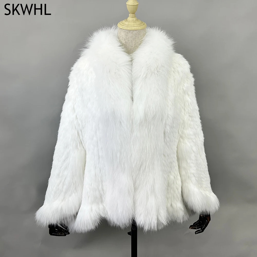 Autumn Winter Ladies' Genuine Knitted Rabbit Fur Shawls Fox Fur Collar Women Fur Pashmina Wraps Bridal Cape Coat Jacket
