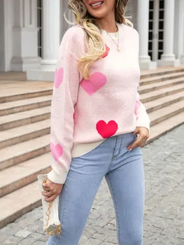 Women s Heart Print Sweaters Long Sleeve Round Neck Loose Pullovers Valentine’s Day Knit Tops 5