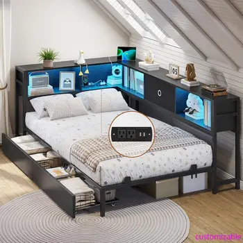 DICTAC Twin Corner Bed with Storage, Bookcase & LED 1